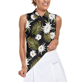Sleeveless Printed Golf Shirts for Women Tennis Sport Shirts Polo Golf Tank Tops (Black Floral, Medium)