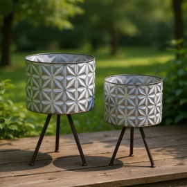 Set Of 2 Round Galvanized Grey Metal Planter Stand Farmhouse Style Flower Pots Garden Usecolor: as Pic Color