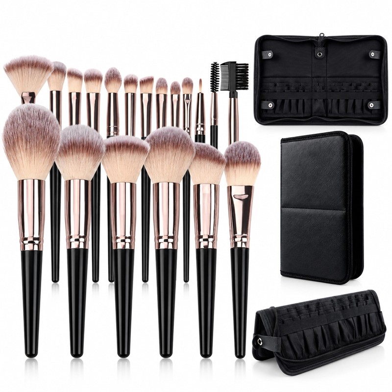 Set de Brochas para Maquillaje 20 Piezas con Estuche(Oro negro)