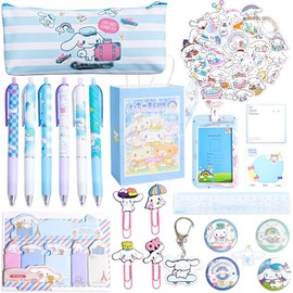 Bonitos suministros escolares, juego de papelería Kawaii con estuche para lápices, regla, bolígrafos de bola, calcomanías, llavero, soporte para tarje