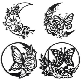 Photect 4 Pcs Butterfly Metal Wall Decor Butterfly Wall Decoration Moon Phases Flower Leaf Wall Art Floral Boho Modern Wall Hanging for Farmhouse Home Indoor Outdoor Bathroom(Black Butterfly)
