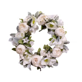 Ansuma 18" Peony Magnolia GrandifloraWreath, Artificial Flower Wreath Door Wreath with Green Leaves Spring Wreath for Front Door, Wedding, Wall, Home Decor (White)