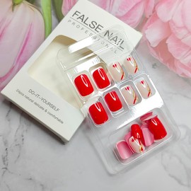 24Pcs Heart Press on Nails Valentine's Day False Nails Short Square Acrylic Fake Nails Gold Glitter Line Design Artificial Glue on Nails Red Glossy Stick on Nails for Women Manicure Decoration Tips