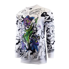 SCREENSHOT-F11027 Mens Urban Hip Hop Fleece Pullover Top - Dancing Guitar Player Cartoon Animation Crew Neck Streetwear Sweatshirt-White-Small