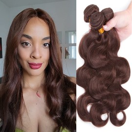 QEUOPE Chocolate Brown Body Wave Bundles Human Hair Color 4 Dark Brown Bundles Double Weft Brazilian Hair Extensions Silky and Soft for Women (16 18 20 inch 3 Bundles)