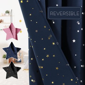 PrinceDeco 100% Blackout Star Curtains for Kids Room Reversible Use Twinkle Silver Stars Cute Drapes for Nursery Thick Soft Curtain Drapes Window Treatment 2 Panels(52 x 84 Inch, Navy Blue)
