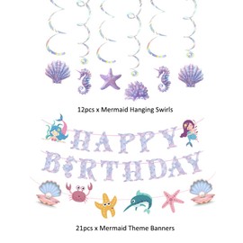 33Pcs Mermaid Hanging Swirls Mermaid Party Decorations, Mermaid Party Supplies for Girls, Mermaid Birthday Banner, Sea Animal Accessories Supplies for Mermaid Party Favors