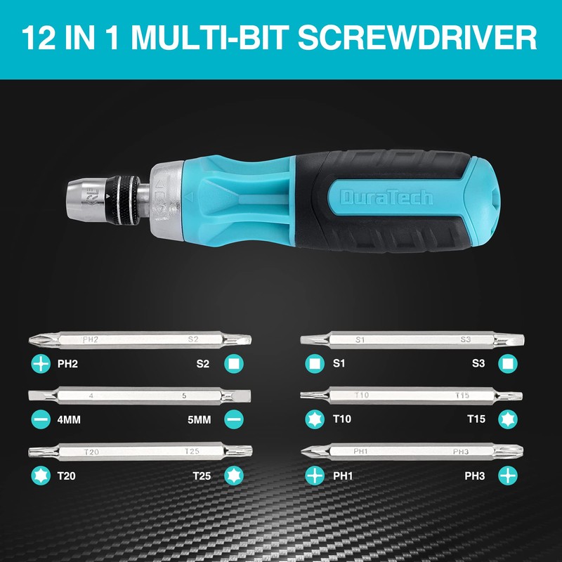DURATECH Ratcheting Screwdriver, 12-in-1 Multi-bit Screw Drivers, Premium S2 Steel,
