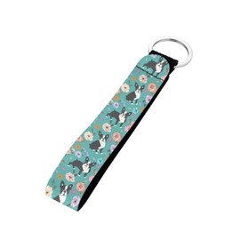 STUOARTE Boston Terrier Printed Wristlet Keychain Lanyard, Women Men Floral Print Hand Wrist Keychain Strap with Key Ring, Long Wristlet Keychain Lanyard Car Key Holder
