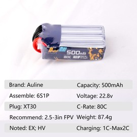 Auline 6S 500mAh 80C HV LiPo Battery 22.8v XT30 2PCS for Toothpick FPV