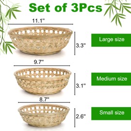 ZENFUN 3 Packs Round Wicker Bread Basket, Bamboo Serving Trays, Handwoven Baskets for Serving, Woven Fruit Basket, Rattan Wicker Serving Basket for Daily Dinning, Kitchen Organization, Stackable