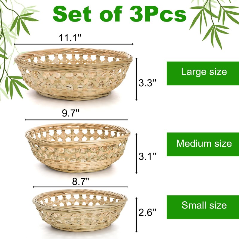 ZENFUN 3 Packs Round Wicker Bread Basket, Bamboo Serving Trays,