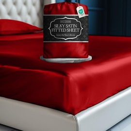 DECOLURE Satin Fitted Sheet King Size (1 PC) – Luxuriously Smooth & Softer Than Silk Bed Sheets w/ 15 Inch Deep Pocket Hypoallergenic Wrinkle Free, Secure Snug Fit, Elastic Corner Straps (Red)