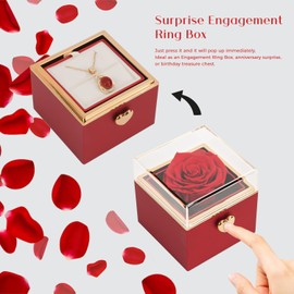 Rosaura Eternal Real Rose Jewelry Box for Women - Surprise Rotating Engagement Ring Box, Preserved flowers Birthday Gift Box for Wife Girlfriend Mom, Romantic Keepsake Flower Box (Red)