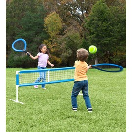 HearthSong 3-in-1 Kids Outdoor Active Game Set with Tennis, Badminton and Volleyball, 58.5" L x 40" W x 24.5" H, Includes Standard Volleyball and Tennis Ball, Oversized Birdie and Tennis Ball
