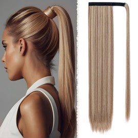 Benehair 28 Inches Straight Ponytail Extension Long Wrap Around Drawstring Ponytail Synthetic Hair Extension Ponytail Brown Mix Ash Blonde Hair Pieces for Women(Brown Mix Ash Blonde, 140g)