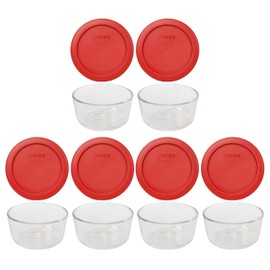 Pyrex (6 7202 Glass Bowls & (6) 7202-PC Poppy Red Lids Made in the USA