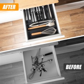 Bellsal Bamboo Silverware Drawer Organizer, Utensil Kitchen Drawer Organizer, Utensil Holder Cutlery Tray with Grooved Drawer Dividers for Kitchen Utensil and Flatware Bedroom Office (7 Slot, Black)