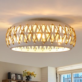 Bsyormak White Metal Flush Mount Ceiling Light, Modern Hallway Light Fixtures, Farmhouse Colse to Ceiling Lamp for Bedroom Entryway Kitchen Dining Laundry Room,Vintage, Hand-Woven Rattan, 3-Light