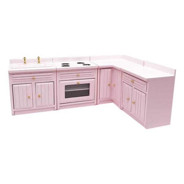 SXFSE Dollhouse Decoration Accessories,1:12 Dollhouse Miniature Furniture Wooden Kitchen Cabinet Set Freely Combined (Pink)