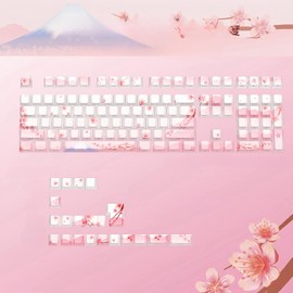 ZMX Cherry Blossom Pink Keycaps,Side Printed Shine Through Keycap PBT Dye Sub Cherry Profile Cute Keycaps 127 Keys Custom Key Cap Set for Cherry MX Switches 60% 75% Mechanical Gaming Keyboard