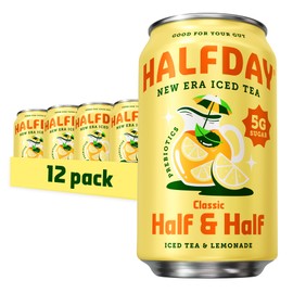 HALFDAY Prebiotic Half & Half Iced Tea Cans, Supports Digestive & Gut Health, 6g Plant Fiber & Prebiotics, Low Sugar, 40 Calories, Real Brewed Tea, Natural Caffeine, Gluten Free, 12 fl oz (12 pack)