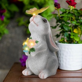 Foyucool Solar Garden Statue Rabbit with Solar Lantern, Outdoor Sculpture Figurine Statue Lights, Outdoor Garden Yard Lawn Patio Decoration, Unique House Warming Birthday Present for Father's Day