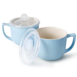 ZEBERBO Ceramic Soup Bowls with Vented Lid, 32 Ounce Soup Mug with Handle, 2packs 5 inch Jumbo Soup Cups, Wide Large Cereal Bowl for Oatmeal, Gumbo Salad, Microwave Oven Safe (GlossBlue)