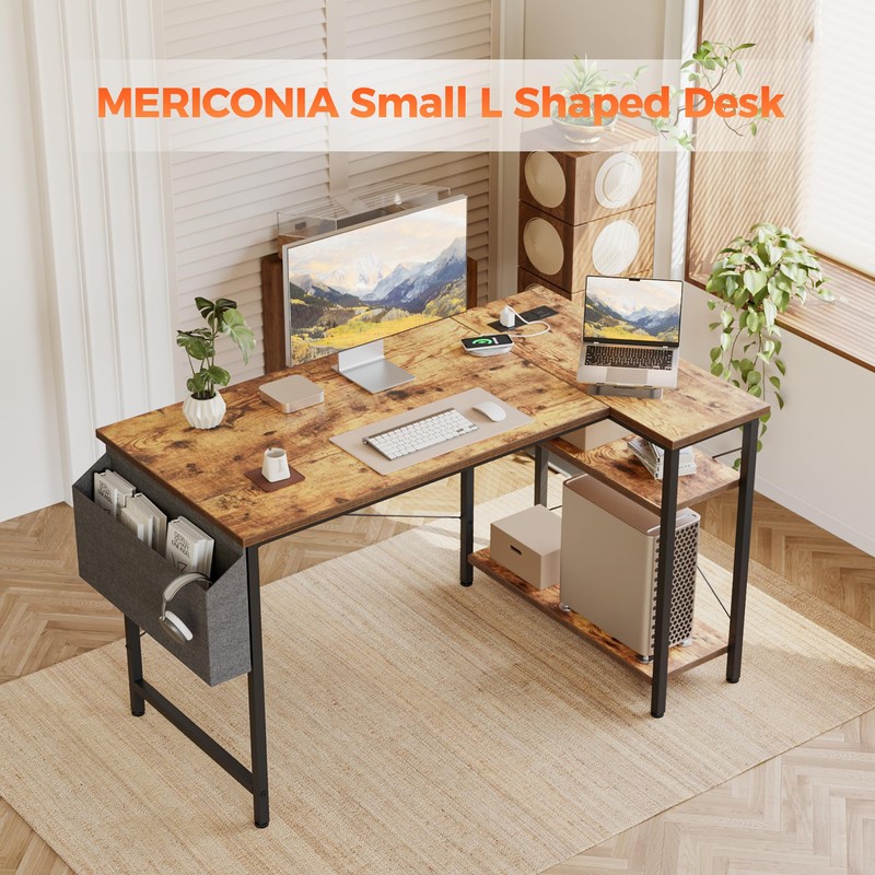 Mericonia Small L Shaped Computer Desk with Power Outlets, Gaming
