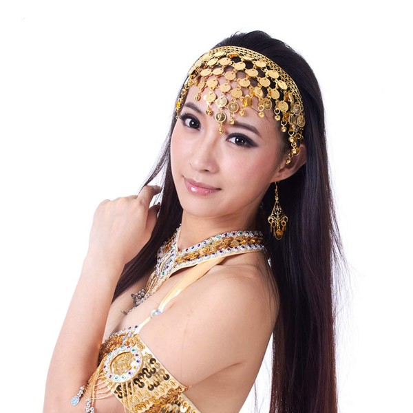 HONBAY Belly Dance Hair Hoop Indian Dance Headband Tribal Headband with Bells and Coin Ornaments (Gold)
