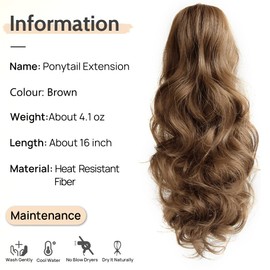 StrRid Hair Extensions Ponytail, Ponytail Extension Claw 16" Wavy Fake Hair Synthetic Clip in Ponytail Wig Daily Fluffy Curly Pony Tail Blonde Hair Pieces for Women Brown 6 oz-Copper Brown