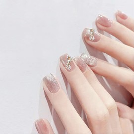 YOVOY Nail Tip, 3D Nail, Cute, False Nail, Short, Nail Tip, Nail Seal, Pink, Black, Cute, Stylish, Long False Nail, Popular, Round Tip, Short, Long, 24 Pieces (Glitter Butterfly)