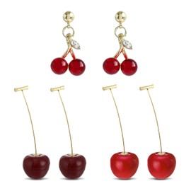 3 Pairs of Cherry Earrings, Cherry Pendant Earrings, Temperament Earrings, 3D Cherry Earrings, Cute and Cute Earrings, Suitable for Women and Girls, Alloy Steel, No
