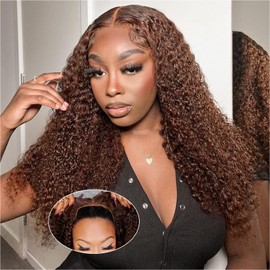 omswet #4 Chocolate Brown 5x5 HD Lace Deep Wave Closure Wig Human Hair Colored Wigs for Black Women Human Hair Curly Glueless Wigs Human Hair Pre Plucked Wet and Wavy Wig 180 Density 18 Inch