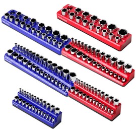 Socket Organizer Magnetic Socket Tray,NOEAIKE 6-Pack SAE & Metric 1/2,3/8,1/4 Inch Drive Socket Holder,Holds 141 Standard/Deep Sockets,Blue and Red Magnetic Socket Organizers(Sockets Not Included)