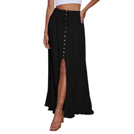 Minclouse Women's Elastic Tie Waist Button Down Maxi Skirts Casual Loose Flowy Swing Slit Front Dress (Black,Small)
