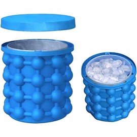 Large 2 in 1 Silicone Ice Bucket & Ice Mold with lid,Silicon Ice Cube Maker Genie, Portable Silicon Ice Cube Maker (Blue)