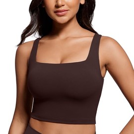 CRZ YOGA Butterluxe Womens Square Neck Longline Sports Bra - Workout Crop Tank Tops Padded with Built in Shelf Yoga Bra Hot Fudge Brown Medium