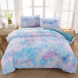 SUCSES Blue Queen Duvet Cover Set Rainbow Tie Dye Fluffy Girls Bedding Set Queen Size Plush Shaggy Furry Comforter Cover Set for Bedroom Decor (1 Duvet Cover, 2 Pillowcases)