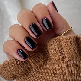 Black Press on Nails Medium Square, KXAMELIE Natural Acrylic Glue on Nails Medium Length Coffin Nails Press ons Medium Short Gel Nails, Reusable Fake Nails 2024 Trendy Solid Color False Nails 24Pcs