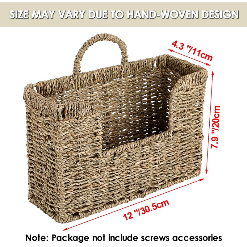 BSTKEY Natural Seagrass Wall Mounted Mail Organizer, Hand-woven Magazine Storage
