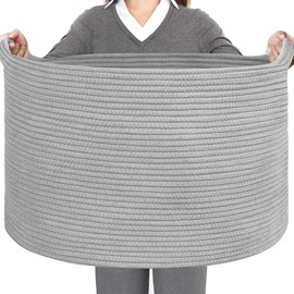 HONCESTA Extra Large Gray Basket - 23.6" x 23.6" x 14.1" Blanket Storage for Living Room, Kids Toy Basket Box, Rope Baskets for Storage, Oversized Laundry Basket, Large Woven Baskets for Organizing