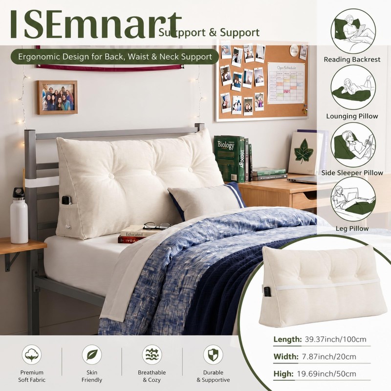 Wesiti Triangular Headboard Wedge Pillow Twin XL Dorm Bed Backrest,