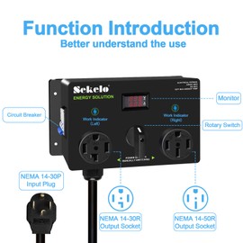 Manual EV Charging Switch for Dryer & EV, NEMA 14-30P to 14-30R & 14-50R, 240V, 25A Power Splitter, with a Safety Breaker Switch, Hand-Operated Selector, Plug and Play