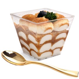 supernal 100pcs Square Plastic Dessert Cups (4oz) with 100pcs Mini Gold Plastic Spoons, Plastic Parfait Appetizer Cup, Medium Clear Dessert cups Perfect for Cakes, Ice Cream, Desserts Appetizers