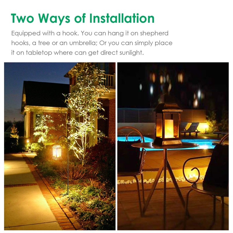 TomCare Flickering Flame Solar Lights Outdoor Metal Hanging Lantern, 2