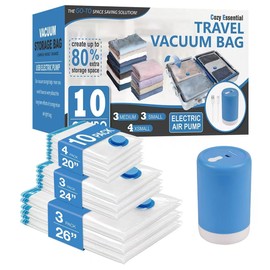 Cozy Essential 10 Pack Travel Vacuum Storage Bags with Rechargeable Wireless Electric Pump for Luggage, Suitcase, Carry-on Size Vacuum Seal Compression Space Saver Bags for Clothes and Clothing Travel