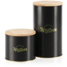 com-four® 2 Piece Storage Container Set with Bamboo Lids - Metal Food Storage Box - Kitchen Organiser - Metal Lettering Containers (02 Pieces - Black/Gold)
