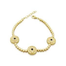 My Daily Styles 925 Sterling Silver Yellow Gold -Tone White Blue Bezel-Set CZ Evil Eye Womens Bracelet