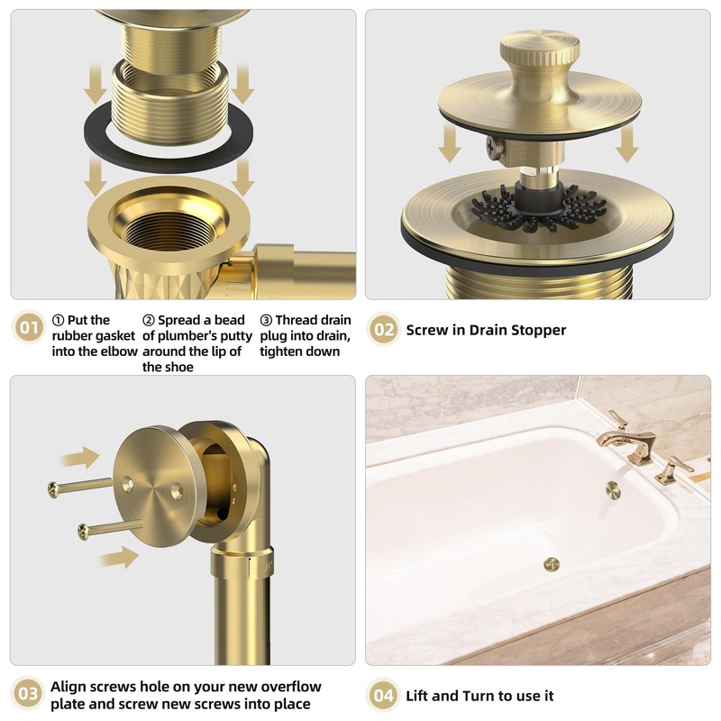 Sogmeter Brushed Gold Bathtub Drain, Hair Catcher and 2-Hole Overflow